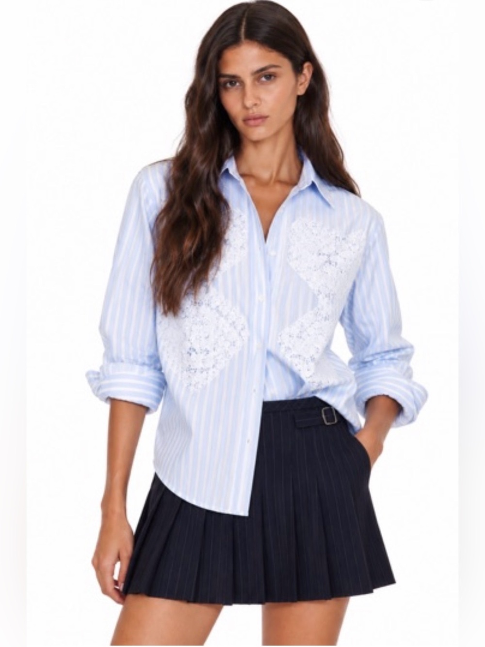 NWOT Sézane x Andión Maxy Shirt Pale Blue Stripe Embroidered US 2 / FR34 / XS